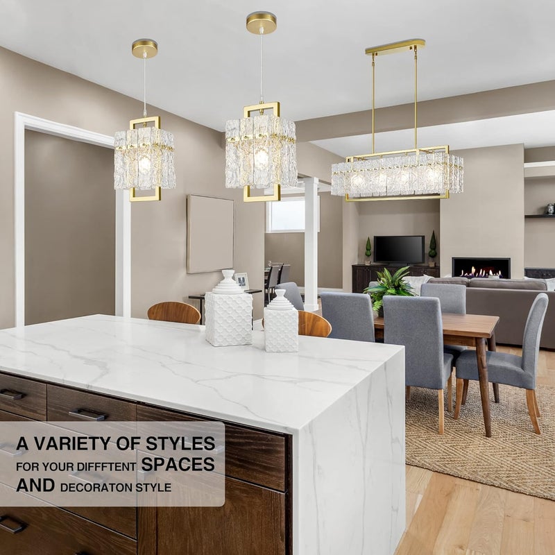 IKK Gold Crystal Pendant Light for Kitchen Island, Luxury Water Ripple Glass Chandelier Lights Fixture, Modern Elegant Adjustable Pendant Lighting for Dining Room Bedroom, E12 Bulb, L6.5'' x H11.8'' - Image 3